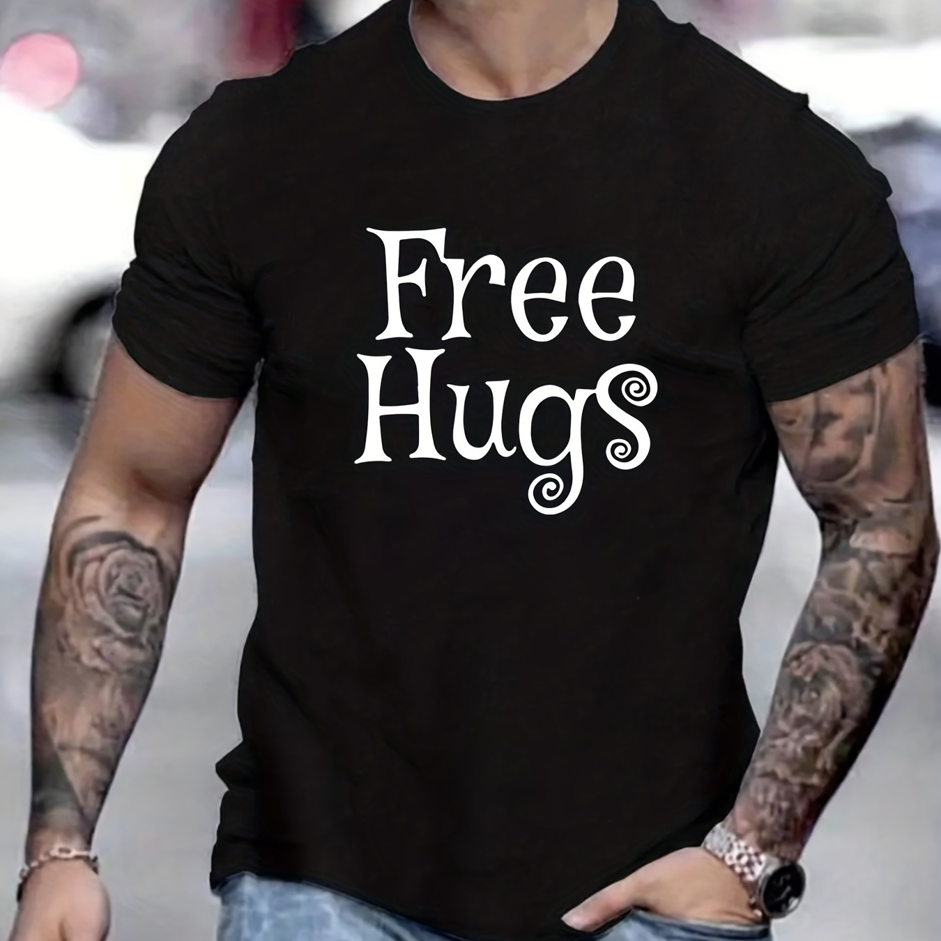

free Hugs" Print T-shirt, Men's Casual Street Style Stretch Round Neck Tee Shirt For Summer