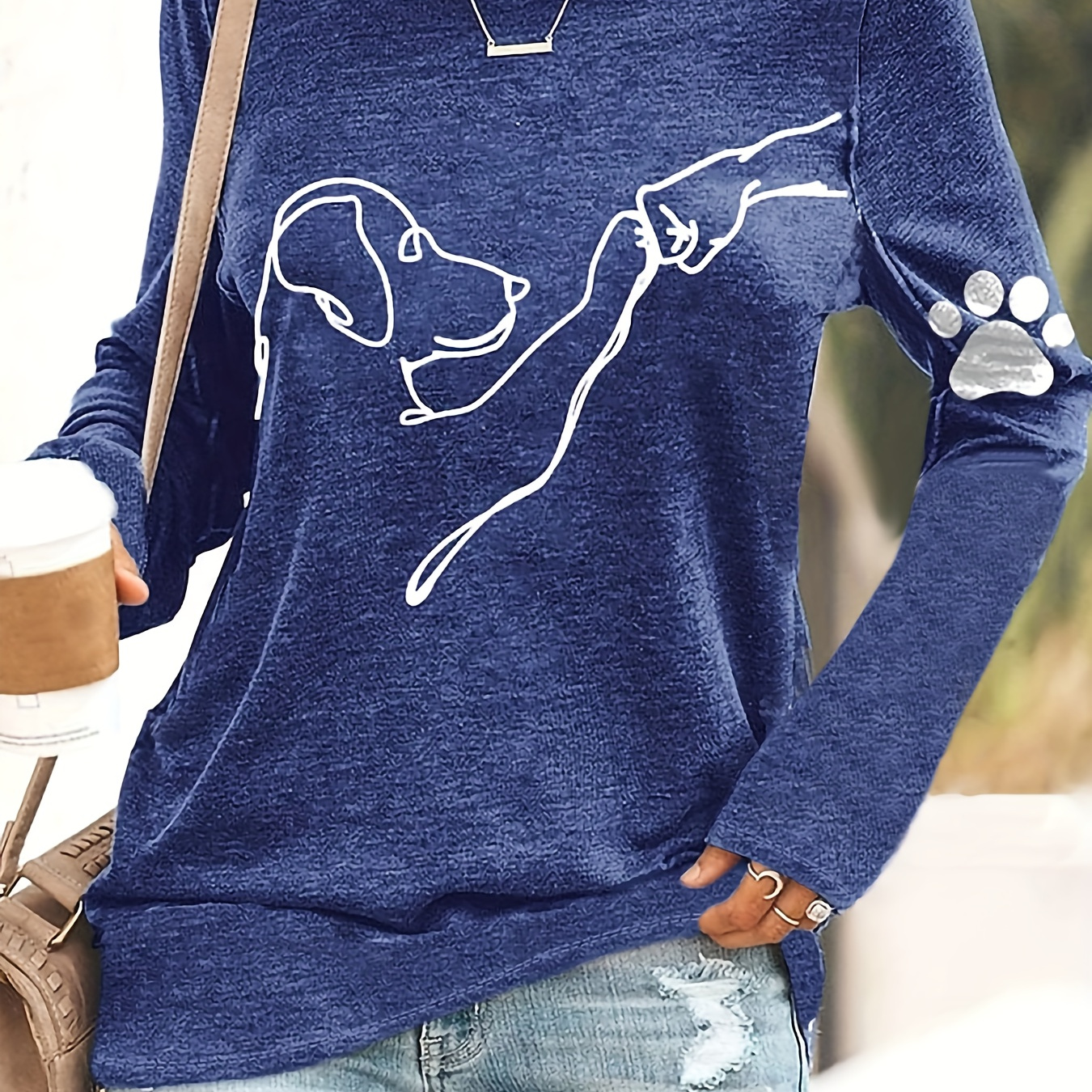 

T-shirt avec motif de chien et empreinte de patte, haut décontracté à manches longues pour le printemps et l'automne, vêtements pour femmes