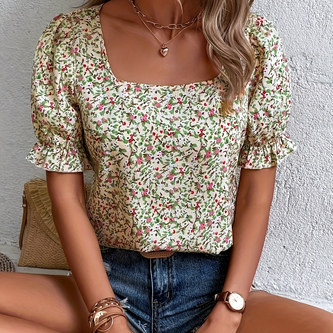 

Floral Print Square Neck Blouse, Elegant Puff Sleeve Blouse For Spring & Summer, Women's Clothing
