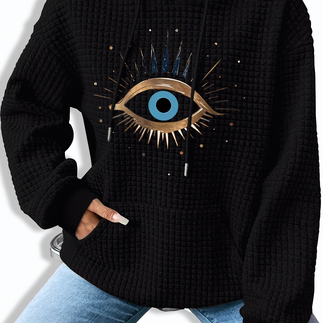 

Knitted Textured Hoodie With Eye Design - Women's Fashion Sweatshirt - Fall/ - Relaxed Style - Polyester Blend