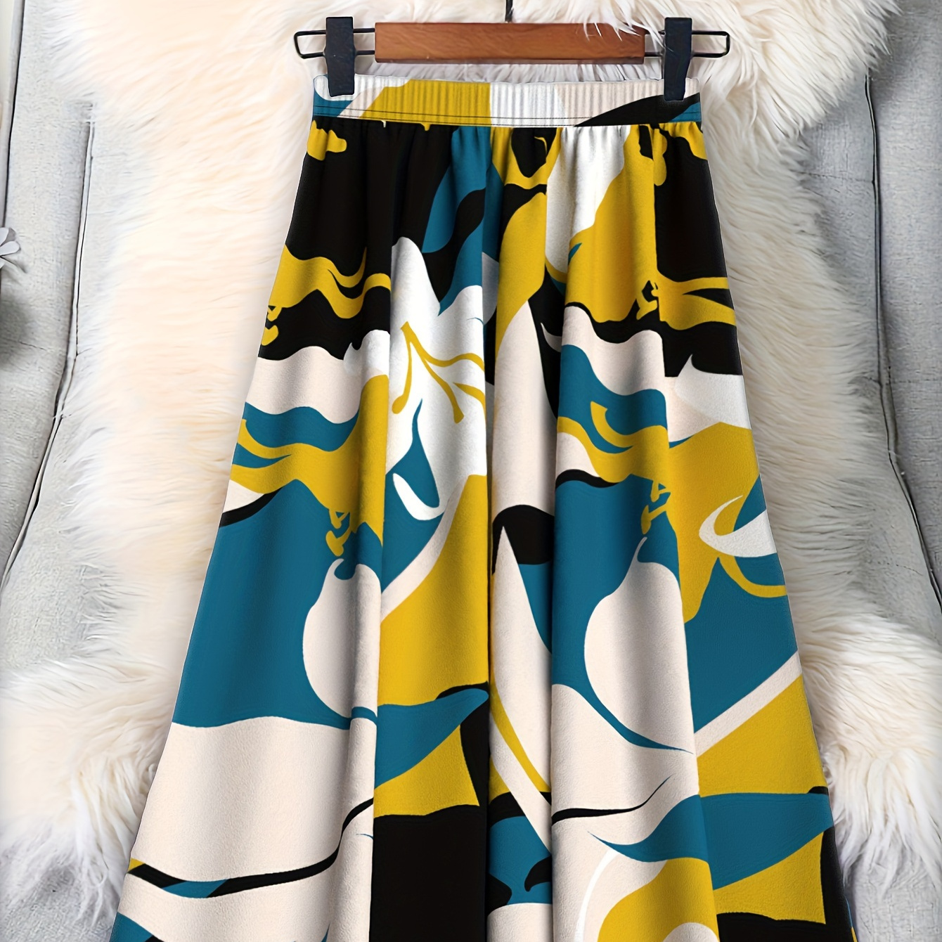 

Floral Print Elastic Waist Skirt, Elegant Loose Pleated Skirt For Spring & Summer, Women's Clothing
