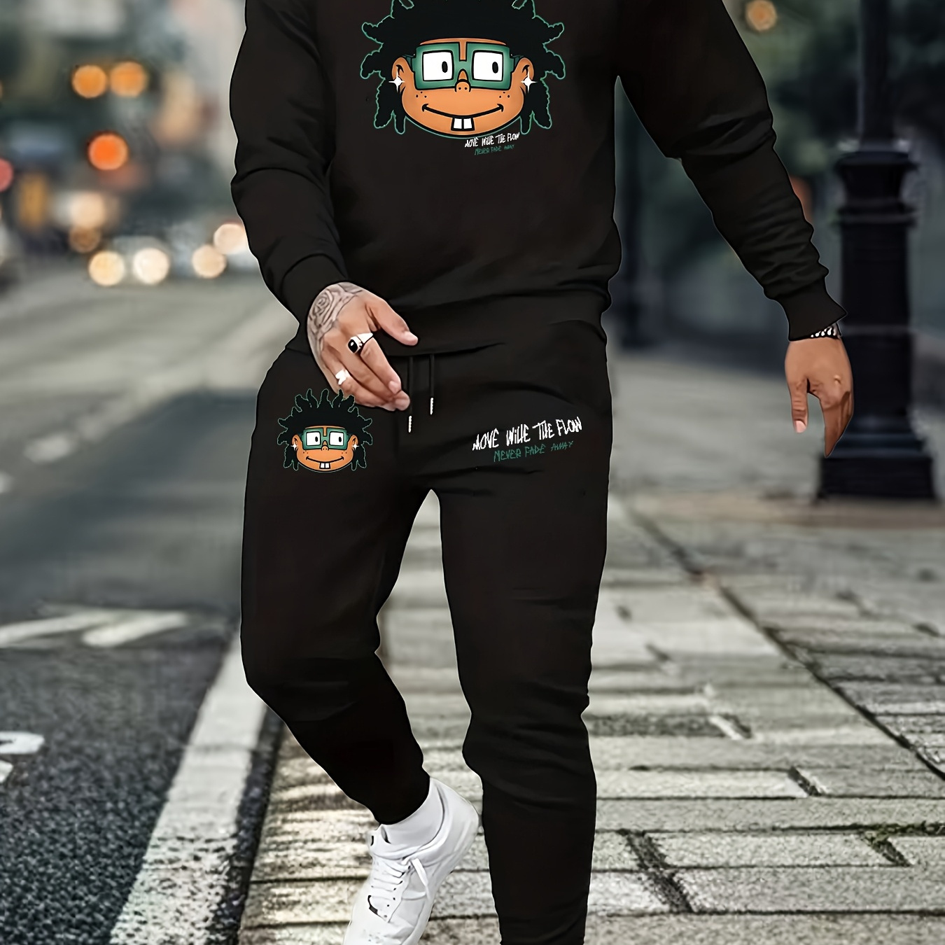 

Men's Cozy Fall/winter Loungewear Set - Long Sleeve & Pants With Unique Graphic Design, Stretch Polyester , Machine Washable, Position Printing