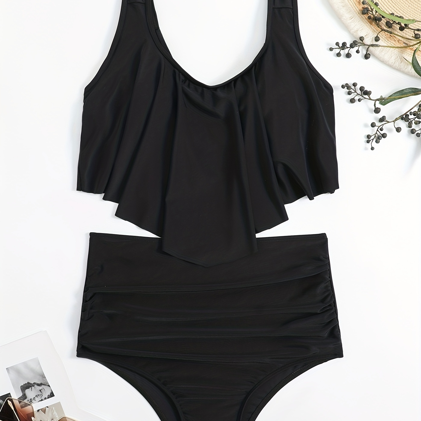 

Ensemble Tankini À Encolure Ronde, Maillot De Bain Deux Pièces À Taille Haute Et Coupe Haute Avec Volant, Maillot De Bain Et Vêtements Pour Femmes