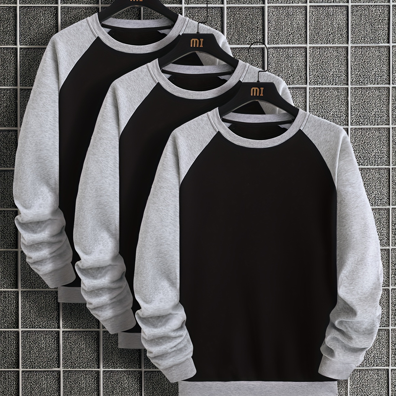 

Men's 3pcs Casual Raglan Crew Neck Sweatshirts For Sports/workout, Stylish Long Sleeve Sweatshirt Tops For Spring/autumn, Men's Clothing, Plus Size