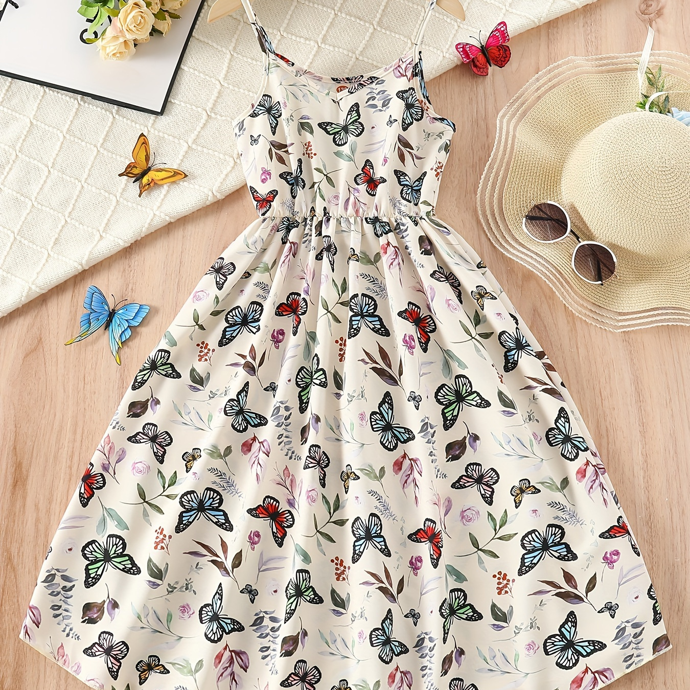 

Elegant Butterfly Full Print Sleeveless Cami Dress Vacation Beach Dresses For Summer
