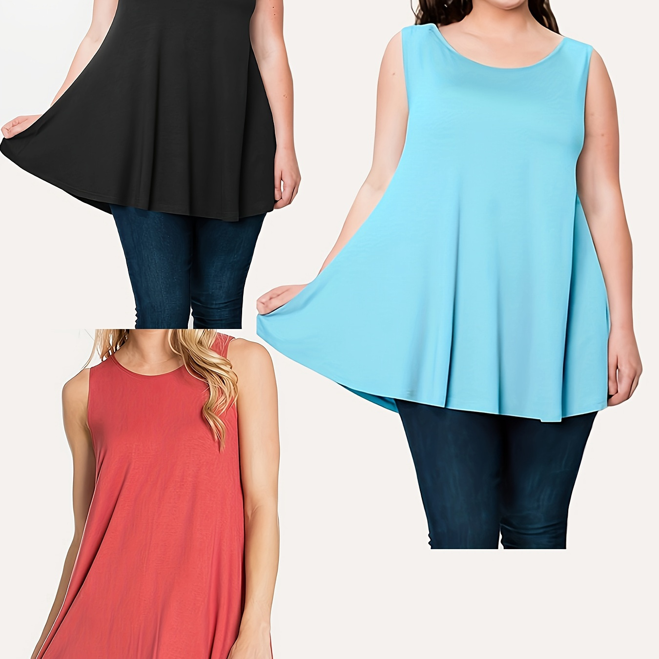 

3 Packs Plus Size Solid Loose Tank Tops, Casual Crew Neck Sleeveless Top For Summer, Women's Plus Size Clothing