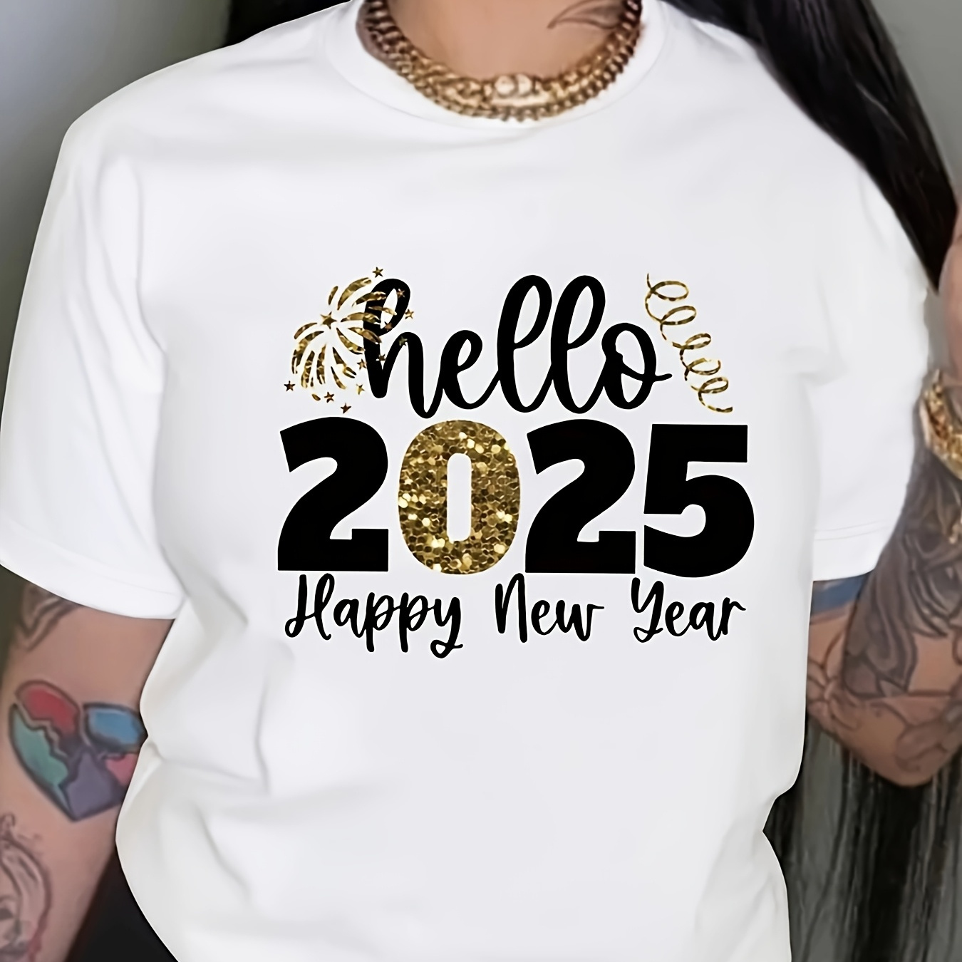 

1pc Hello 2025 Happy New Year Women's T-shirt - Casual Crew Neck, Short Sleeve, Knit Polyester Fabric, Breathable, Machine Washable, Oversized Fit, Christmas Graphic Tee For Spring/summer/fall