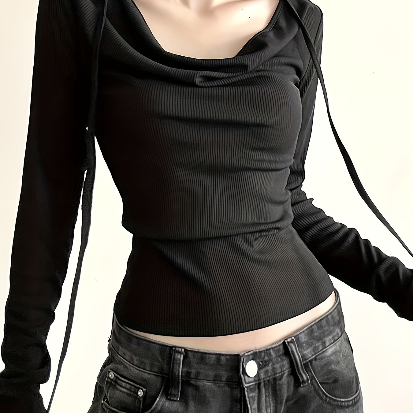 

Tie Cowl Neck Slim T-shirt, Stylish Solid Color Long Sleeve Top For Spring & Fall, Women's Clothing