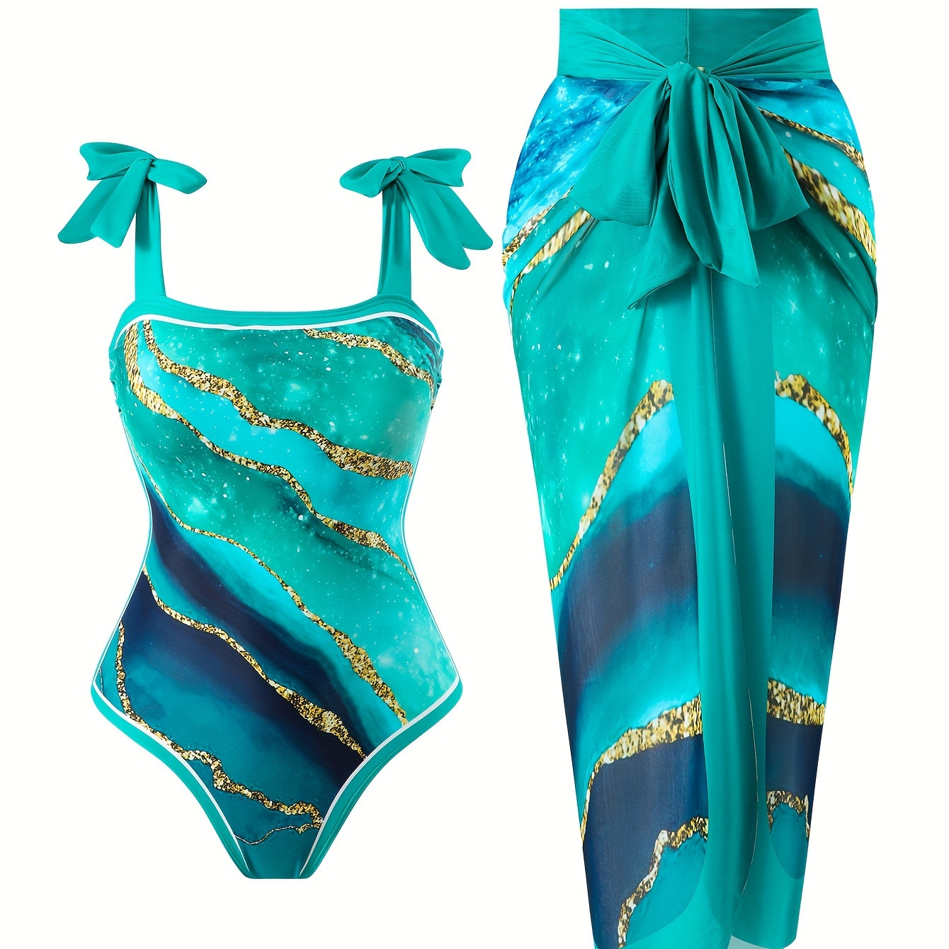

Marble Print Elegant 2 Piece Swimsuits, Tie Shoulder One-piece Bathing-suit & Cover Up Skirt, Women's Swimwear & Clothing