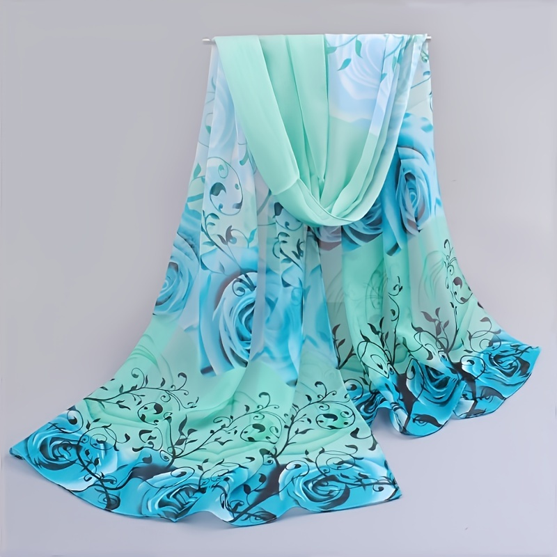 59.06"×19.69" Chiffon Silk Scarf Colorful Vintage Floral Leaf Print Thin Headwrap Large Shawl, Elegant Summer Beach Towel Sunscreen Shawl Windproof Neck Wrap Casual Hair Accessories