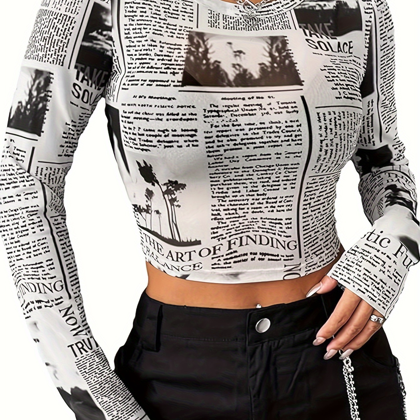 

Newspaper Print Crew Neck T-shirt, Y2k Long Sleeve Slim Crop Top, Women's Clothing