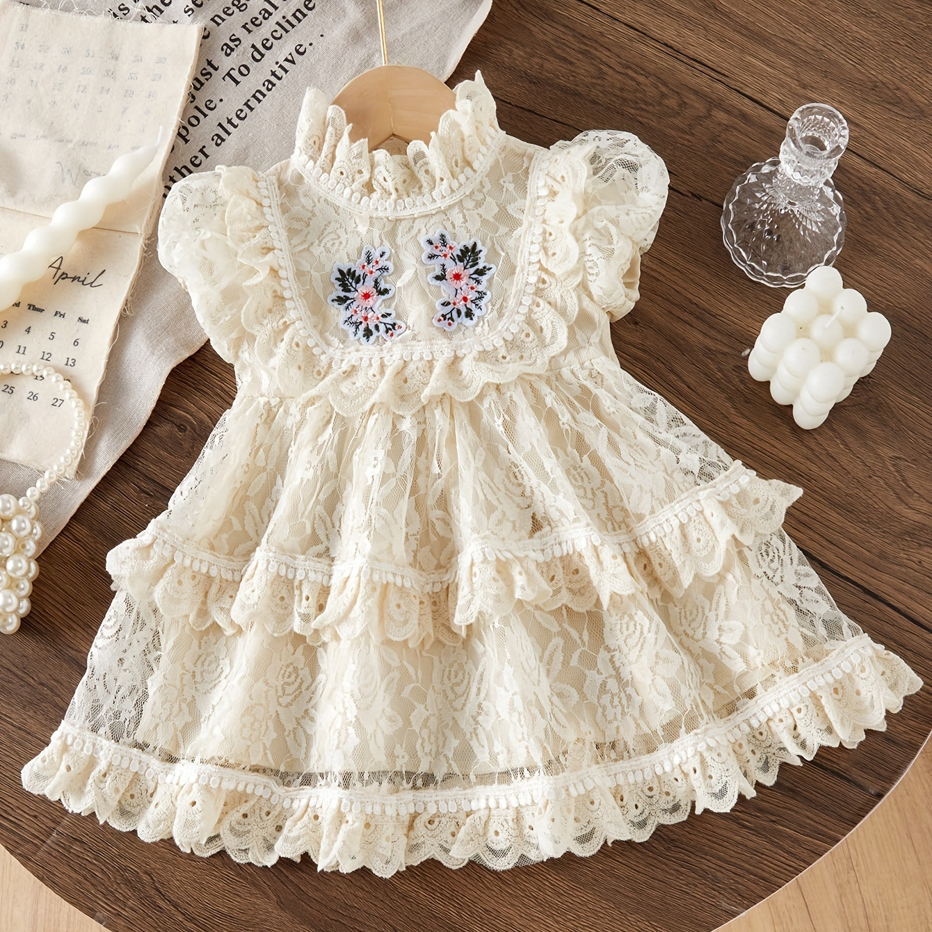 

Cute Floral Embroidered Lace Tiered Dress For Baby Girls, Stylish Trendy Elegant For Infant Girls