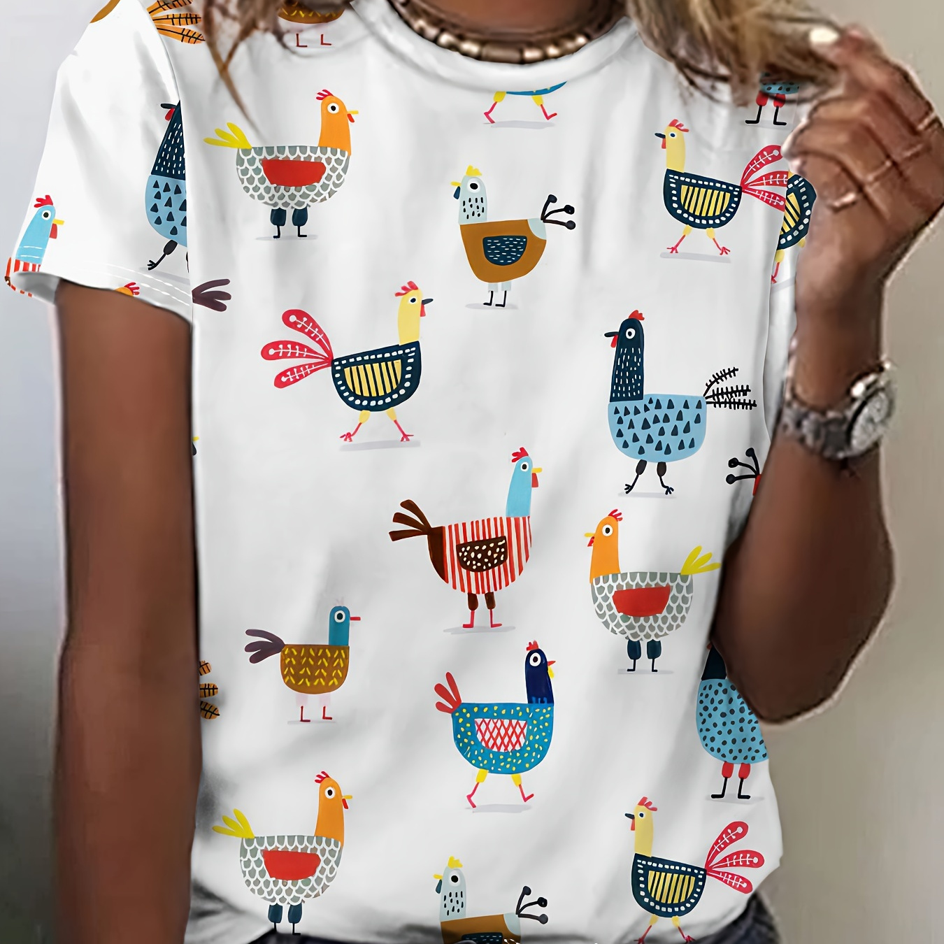 

Chicken Print Crew Neck T-shirt, Casual Short Sleeve T-shirt For Spring & Summer, Women's Clothing