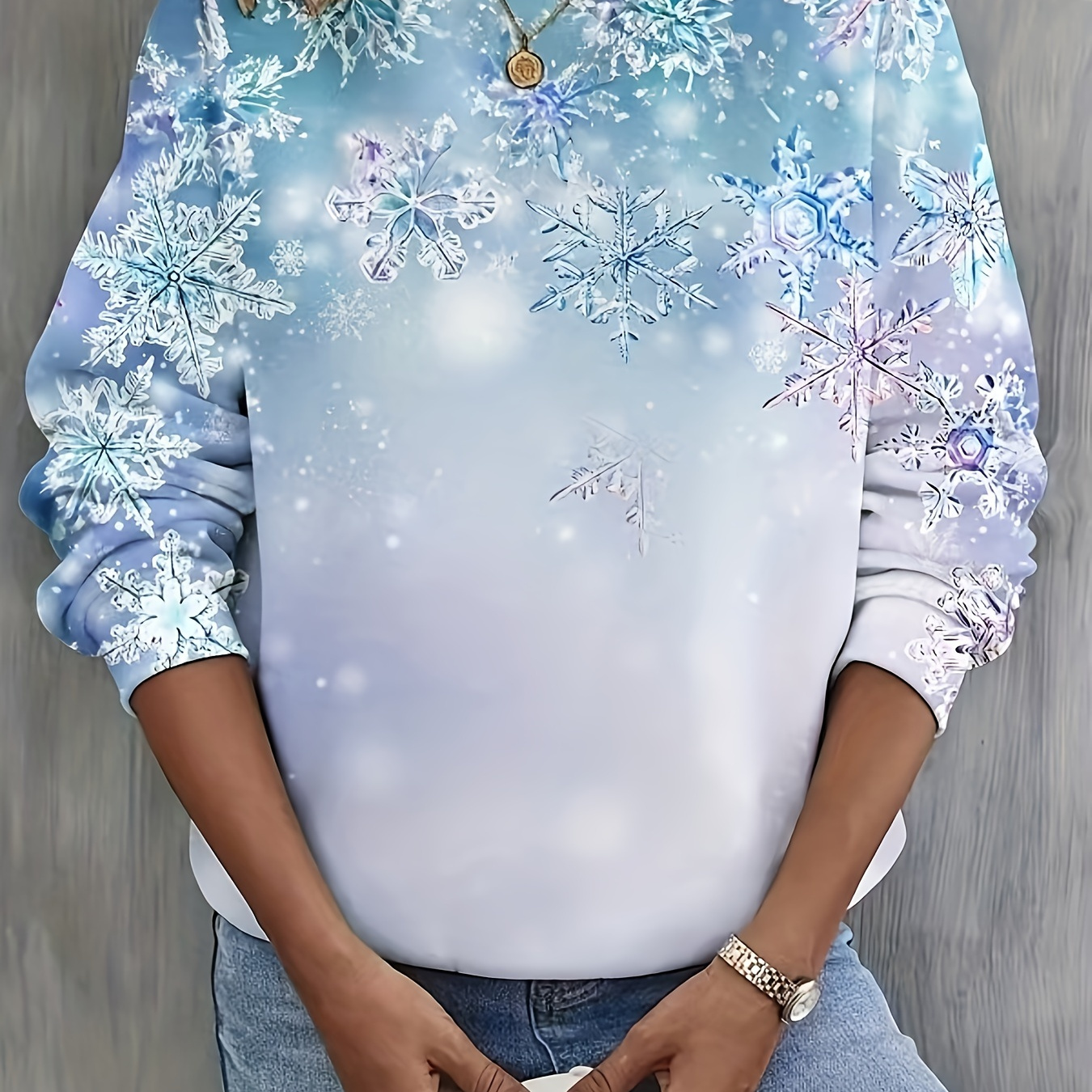 

Women's Elegant Crew Neck Long Sleeve Ombre Fashion Sweatshirt With Print - 95% Polyester 5% Elastane Knit Fabric,