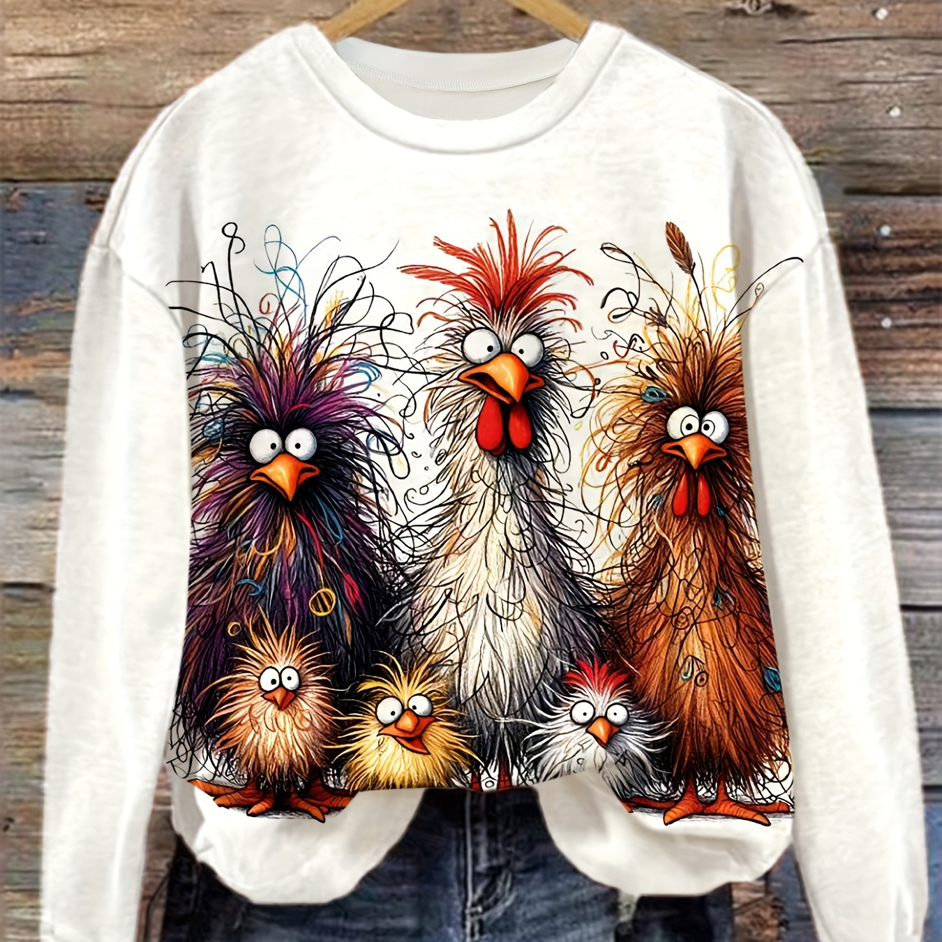 

Female Plus-size Color Chicken Print Round Neck Sweatshirt