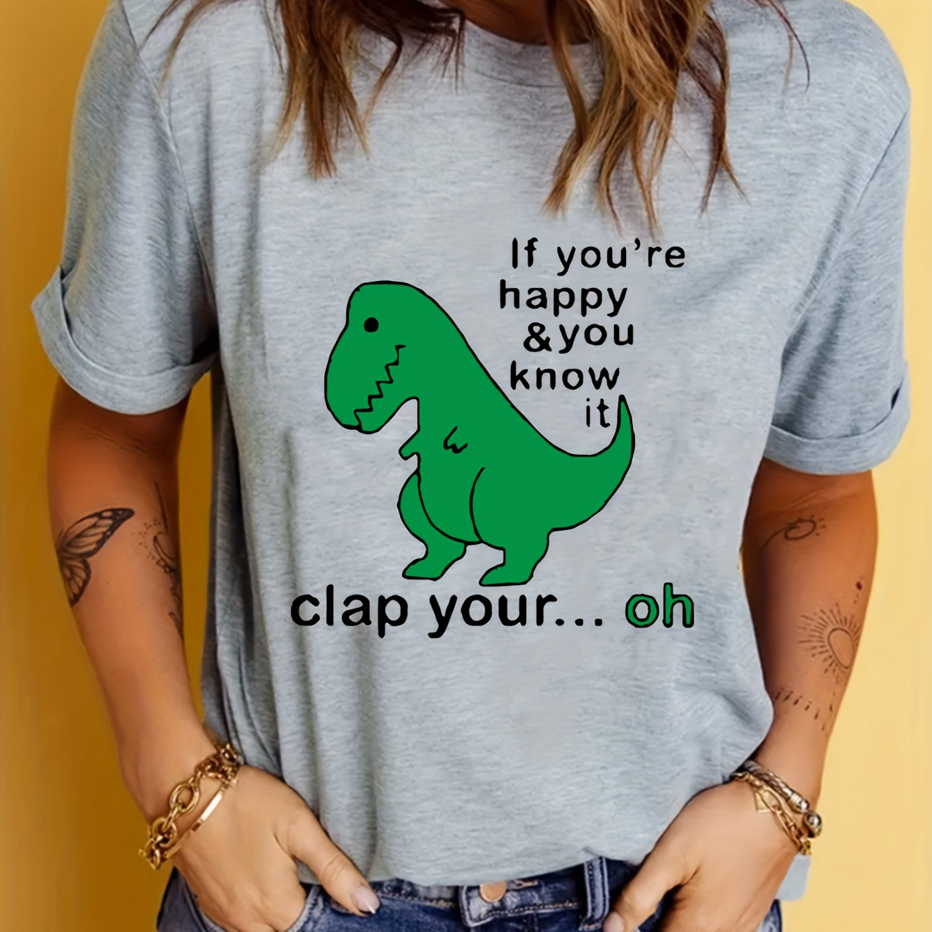 

Happy Slogan & Dinosaur Print T-shirt, Cute Short Sleeve Crew Neck Top, Women's Clothing