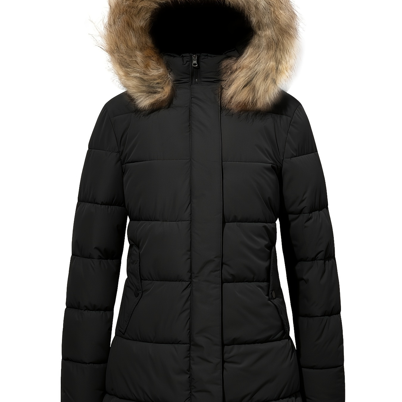 

Women's Faux Fur Hood Puffer Coat With Removable Hooded Long Puffer Jacket Lightweight Full-zip Puffer Jacket Size Small To Xx-large