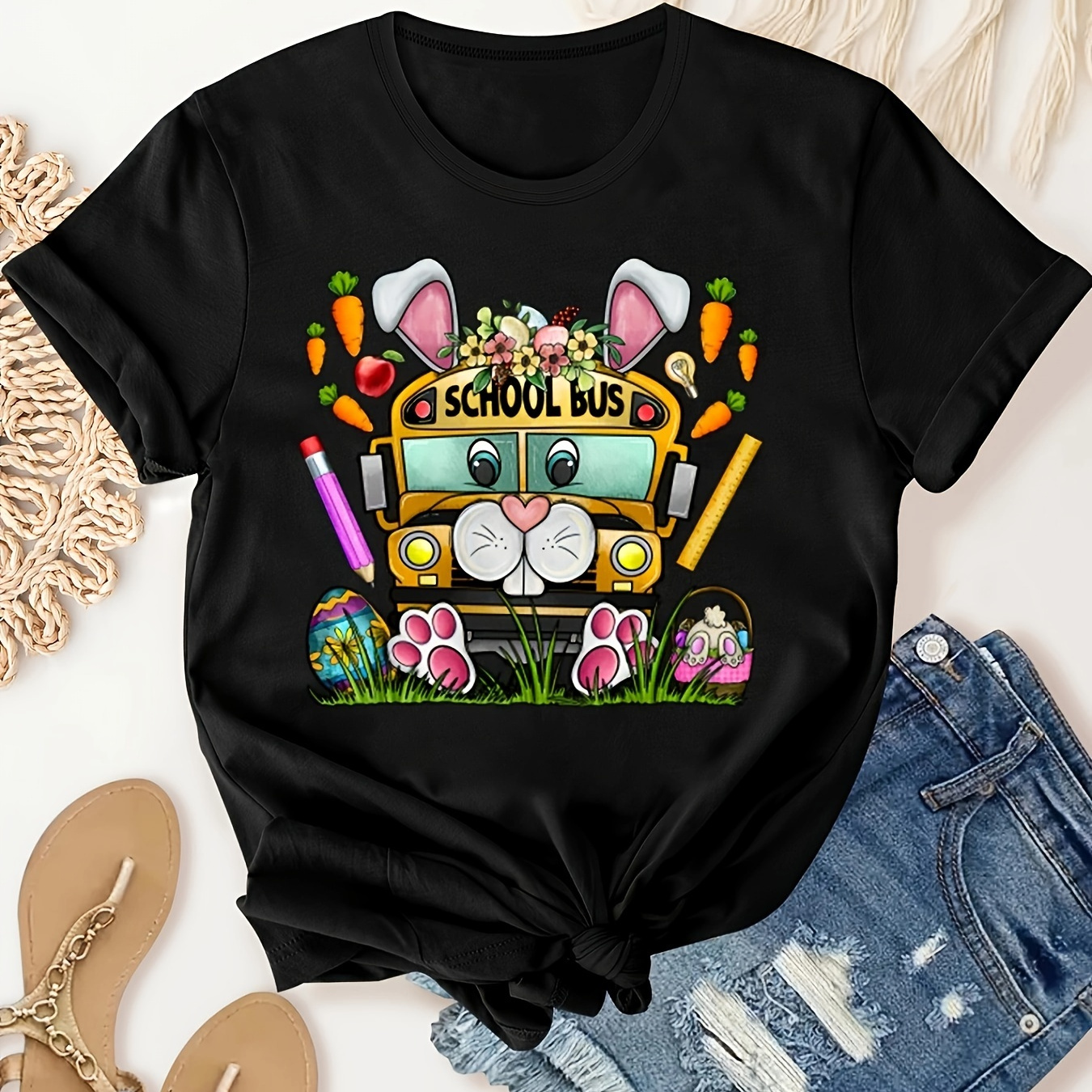 

Women's Retro School Bus Cartoon Graphic Tee - Cozy Polyester , Short Sleeve, Crew Neck