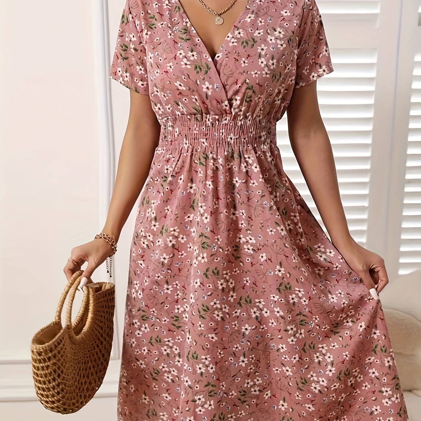 

Floral Print V-neck Aline Dress, Elegant Shirred Waist Short Sleeve Dress For Spring & Summer, Women's Clothing