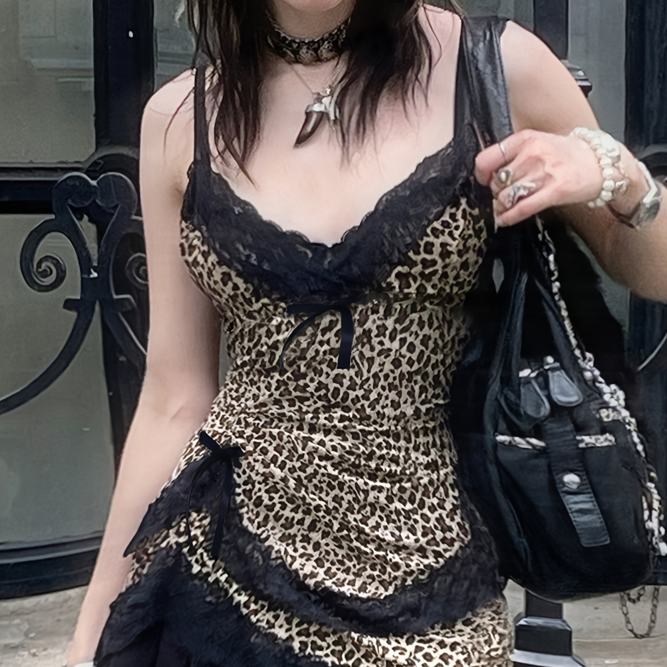 

Street-style Vintage Lace Patchwork With Contrasting Leopard Print In An Asymmetrical Design And Spaghetti Straps.