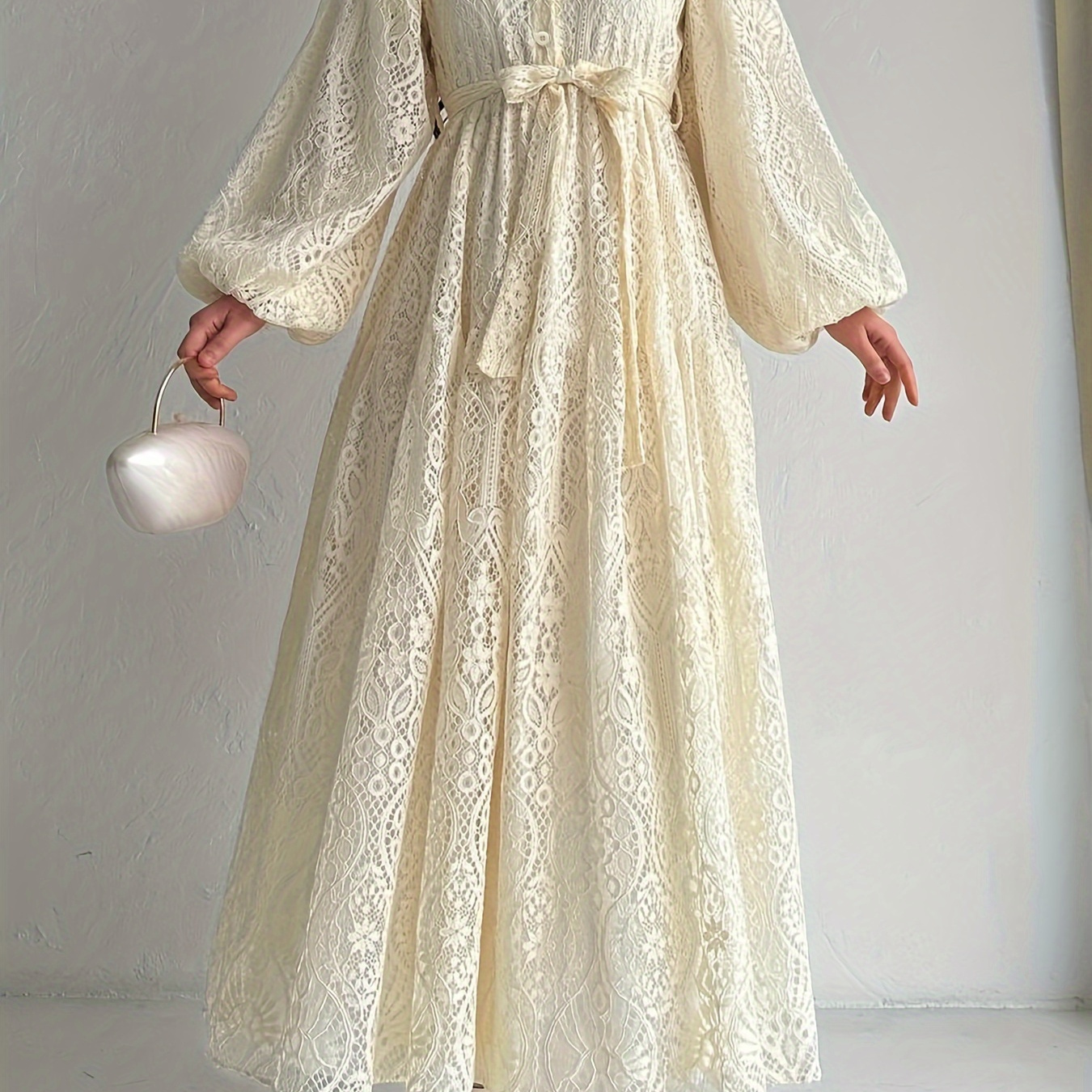 

Guipure Lace Button Front Belted Dress, Elegant Lantern Sleeve Collared Modest Dress For Spring & Fall, Women's Clothing