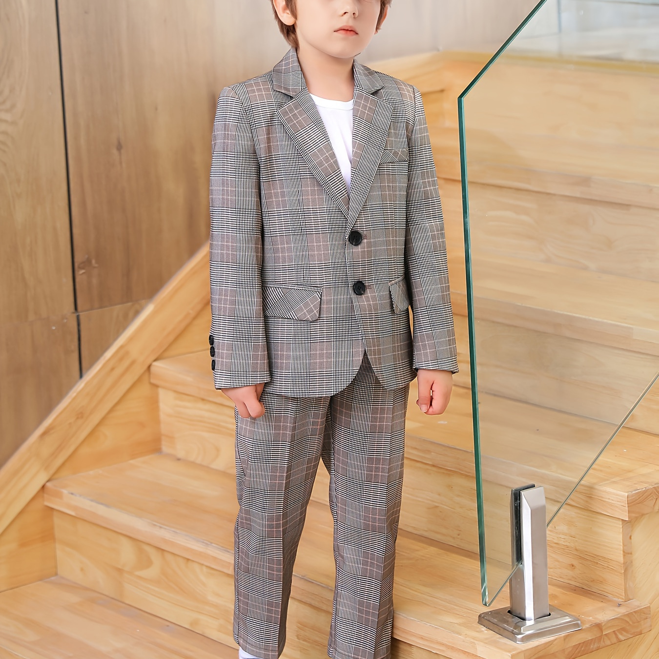 

2pcs Boys Formal Gentleman Outfits, Plaid Long Sleeve Blazer & Pants, Kids Clothing Set For Competition Performance Wedding Banquet Dress