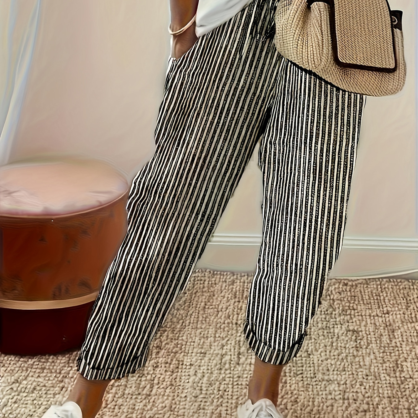 

Solid Color Striped Straight Leg Pants, Casual Drawstring Waist Loose Pants For , Women's Clothing