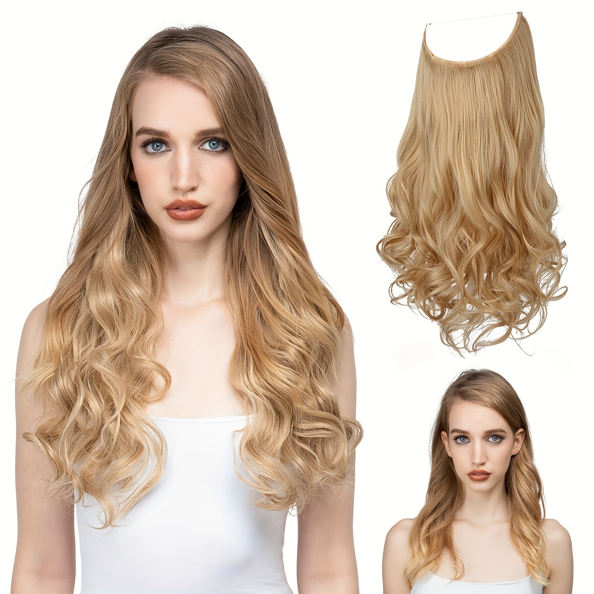 SHCKE Secret Hair Extensions 20 Inch Invisible Dirty Blonde Hair Extension  Hidden Curly Hair Extensions with Transparent Wire Removable Secure Clips