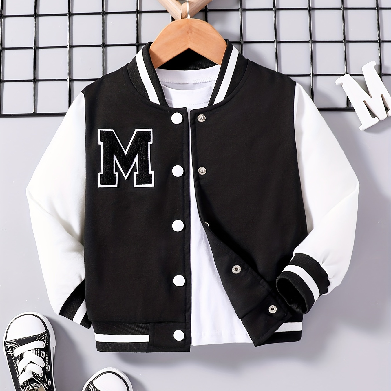 100% Mama's Mini Print Varsity Jacket For Kids, Preppy Style Bomber Jacket,  Button Front Long Sleeve Coat, Boy's Clothes For Spring Fall Outdoor - Temu