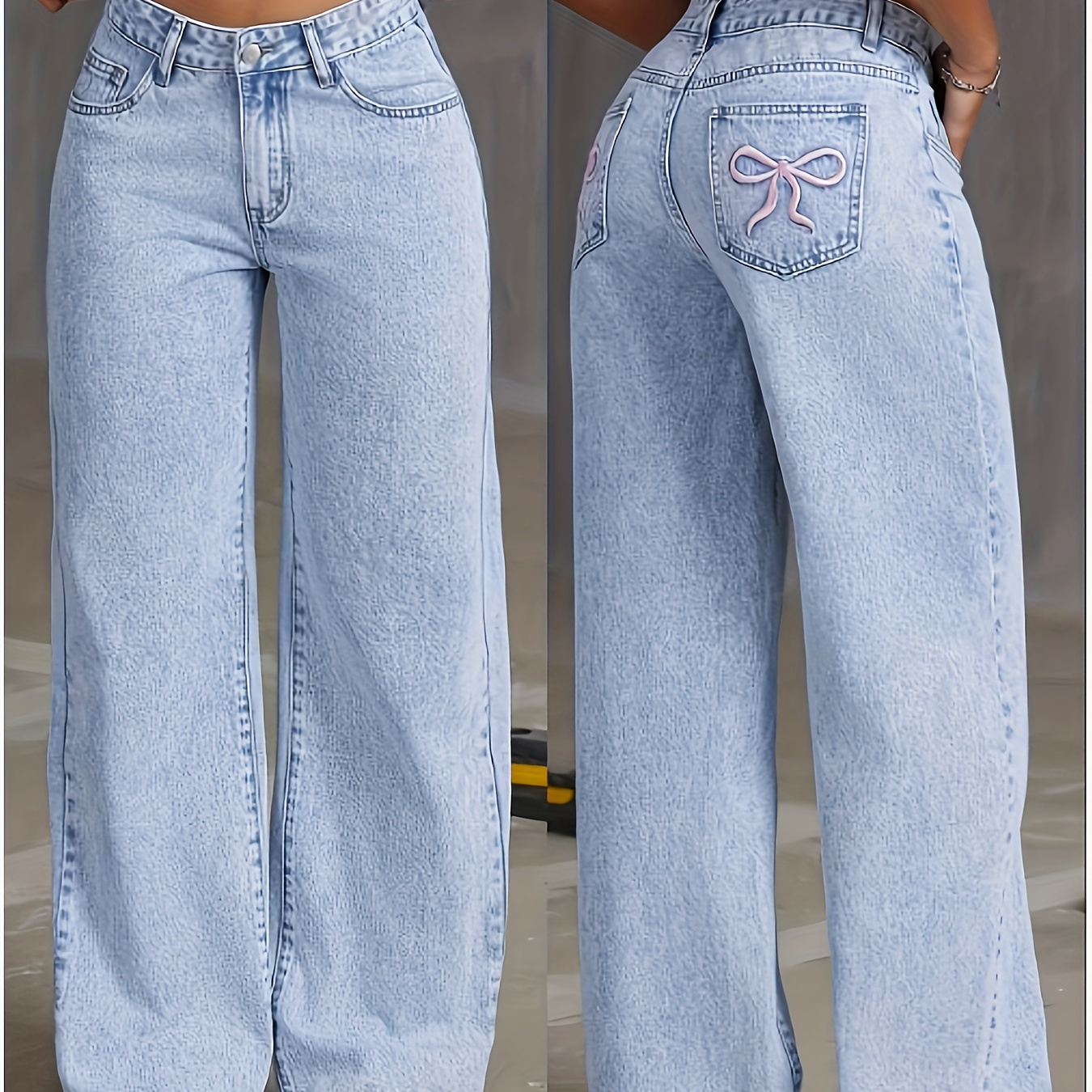 

2024 Spring And Autumn New High-waisted Straight-leg Wide-leg Pants Casual Loose Embroidered Bow Jeans