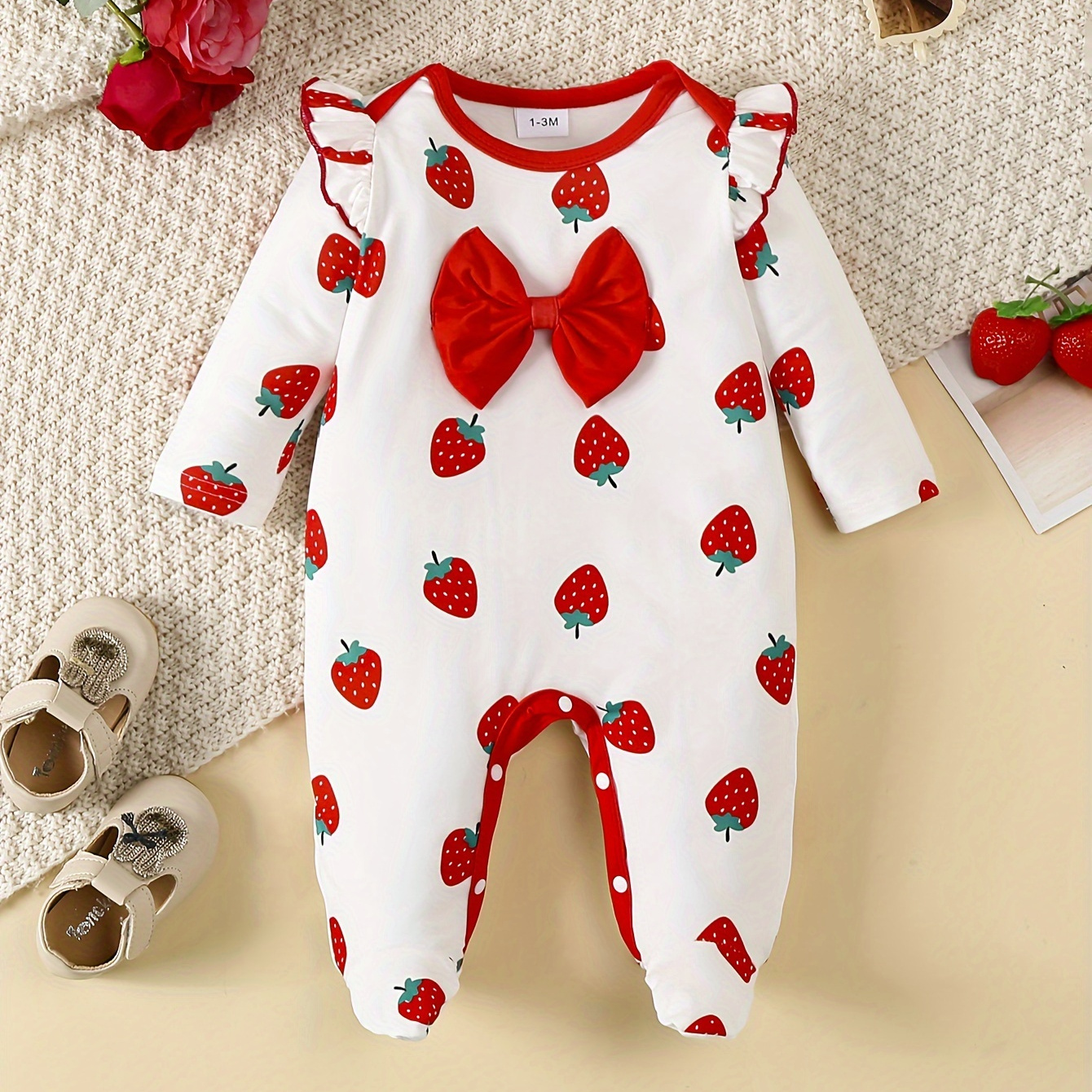 

's Bowknot Decor Footed Bodysuit, Long Sleeve , Toddler & Infant 's Clothes For Summer, As