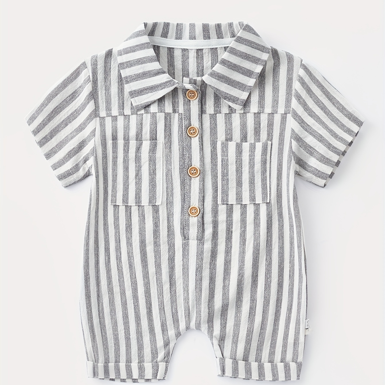

Infant & Toddler's Comfy Cotton Vertical Stripe Pattern Bodysuit, Button Decor Casual Short Sleeve Romper, Baby Boy's Clothing