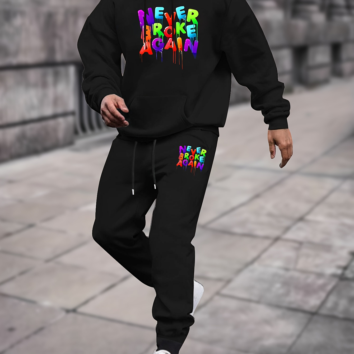 

2pcs, Never Broke Again Print, Men's Hoodie And Joggers Set For Spring And Fall