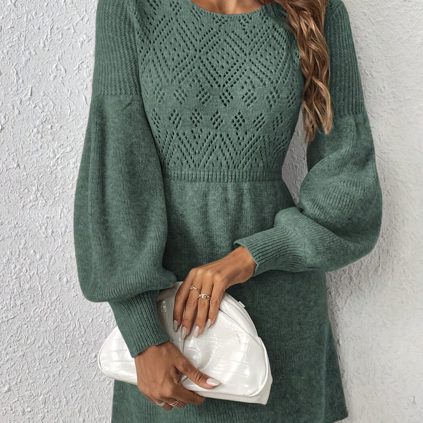 

1pc Women's Casual Geometric Pattern Knit Dress - Polyester Hollow-out Long Sleeve A-line Sweater Dress With Round Neck