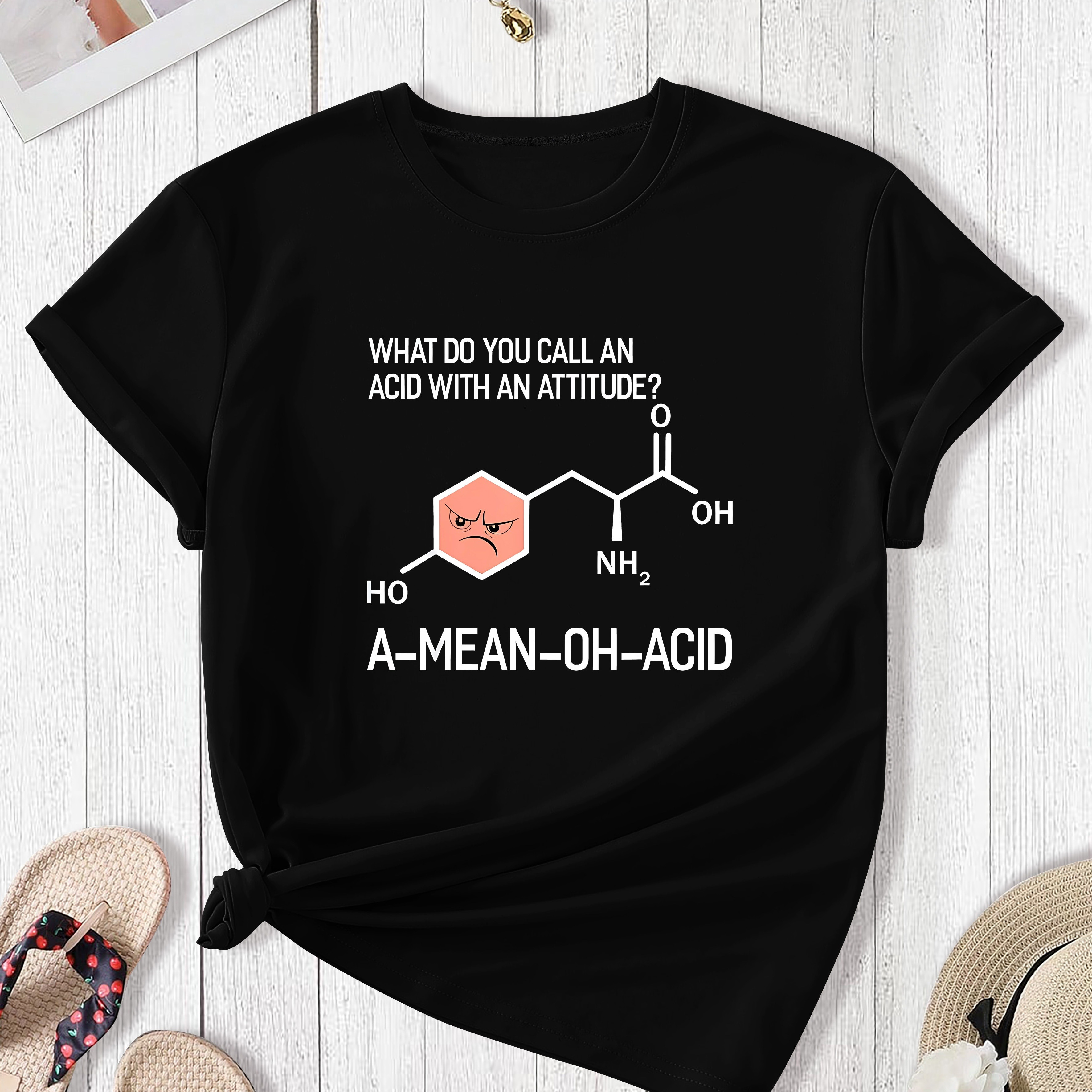 

Size Women's T-shirt With Chemical Formula Print - Casual Short Sleeve, Round Neck Top In Polyester - Machine Washable