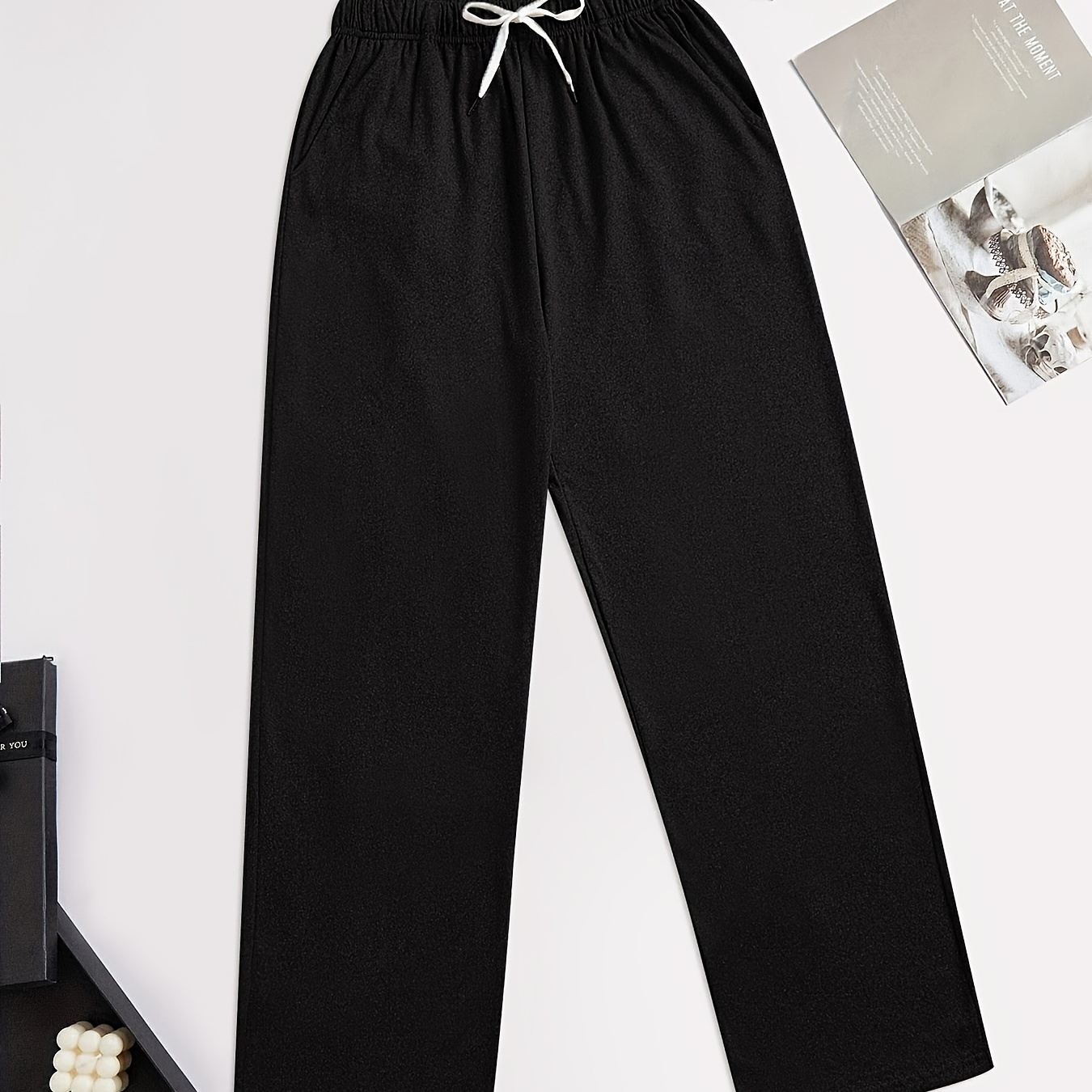 

Solid Drawstring Lounge Bottoms, Casual Elastic Loose Fit Pants, Women's Loungewear