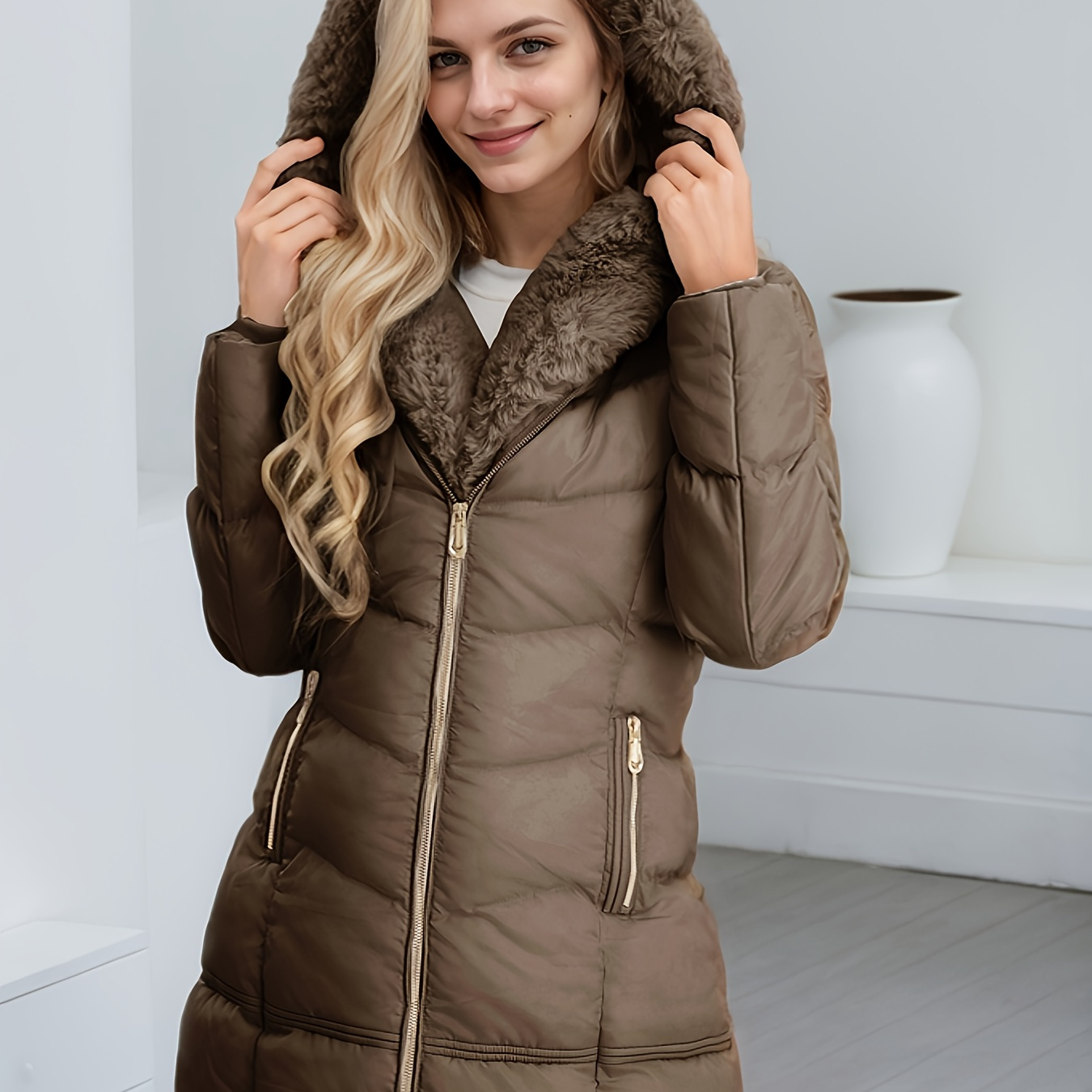 

Women's Long Hooded Plush Collar Puffer Coat - Stylish And Coat