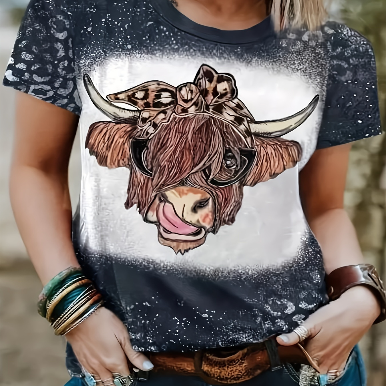 Plus Size Western Style T-shirt, Women's Plus Colorblock Leopard & Cartoon Cow Print Short Sleeve Round Neck Medium Stretch T-shirt