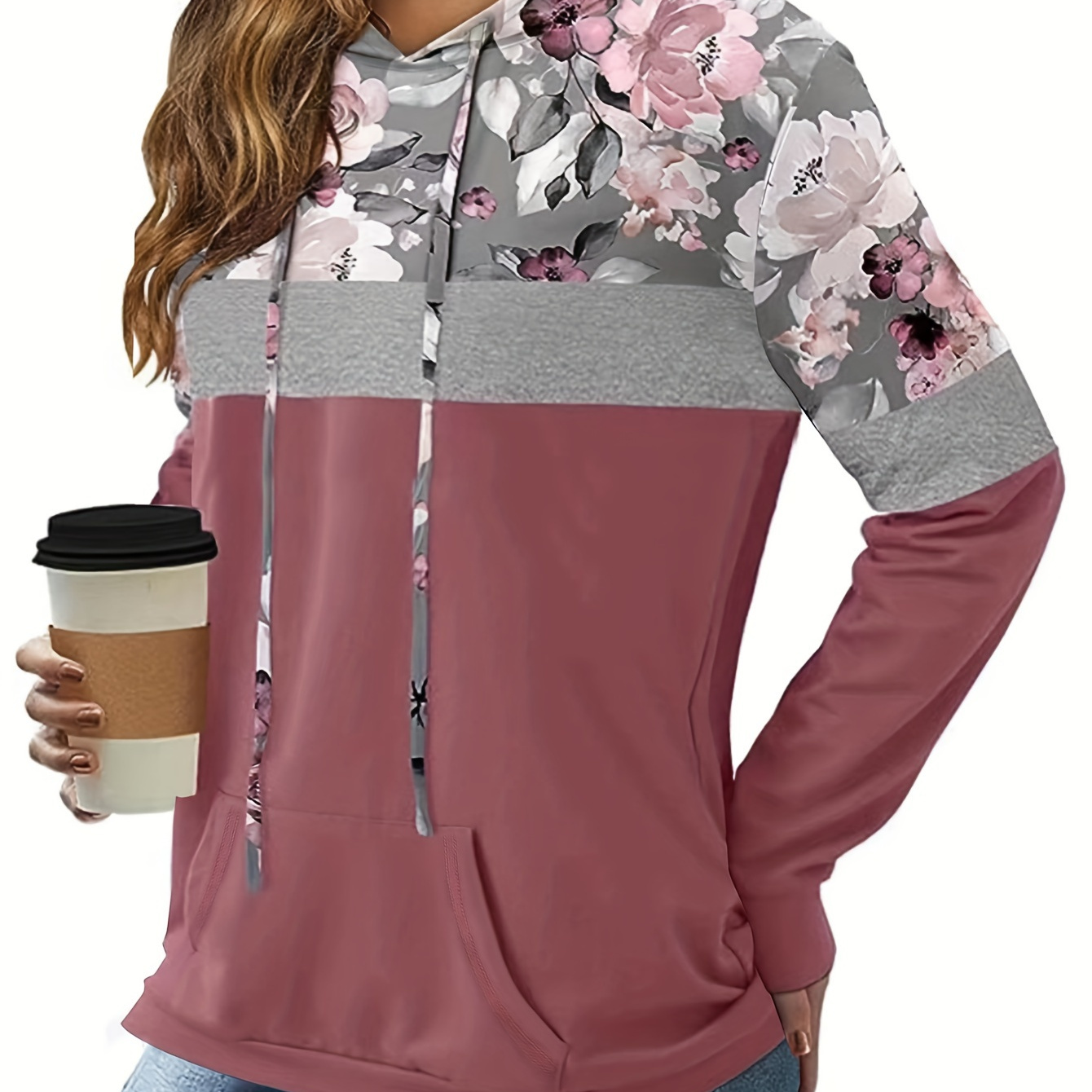 

Flower Print Drawstring Hooded Top, Long Sleeves Contrast Color Kangaroo Pockets Active Sweatshirt, Women's Clothing