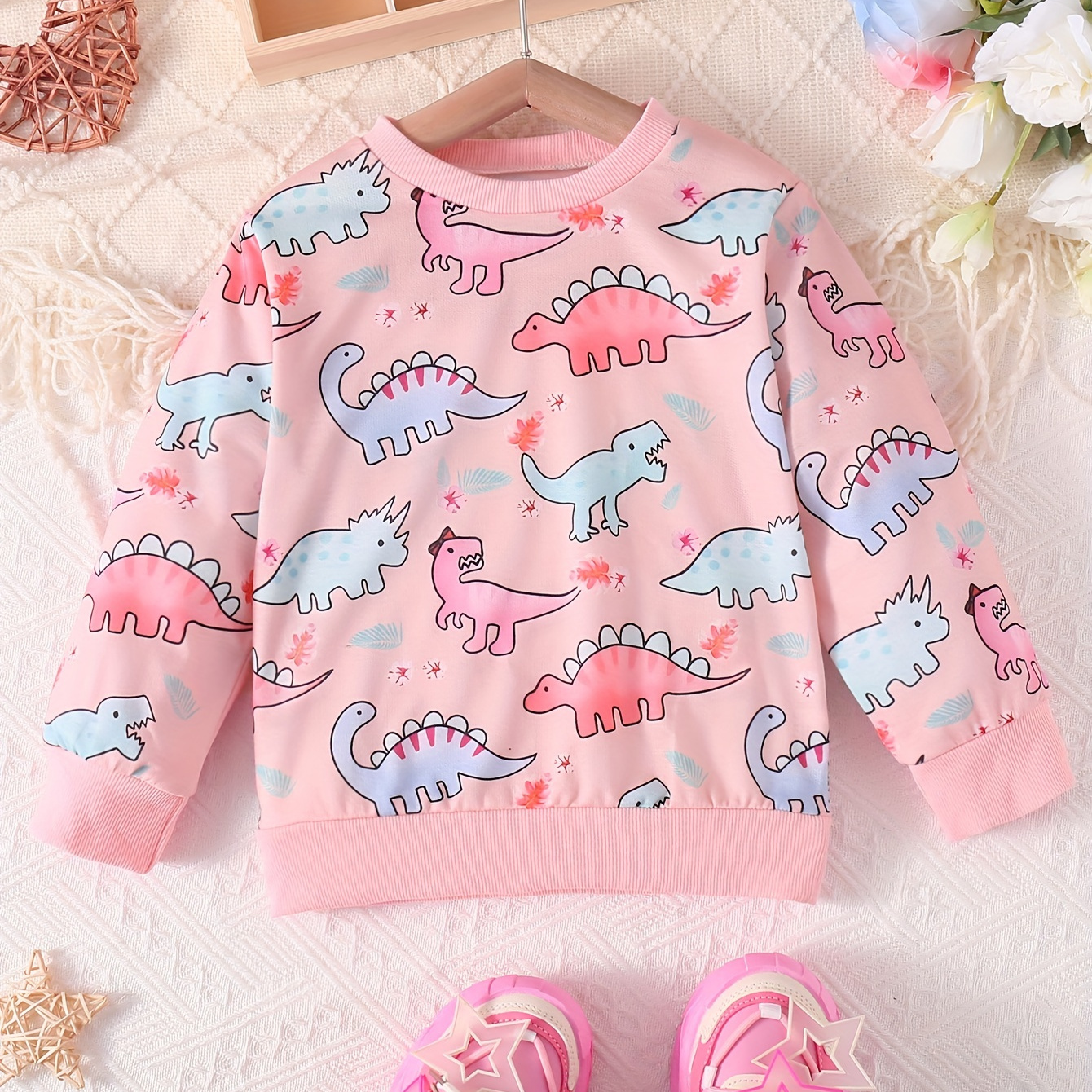 

Girls Pullover Dinosaurs Print Crew Neck Sweatshirt Tops For Adorable & Street Look, Kids Fall/ Winter Clothing