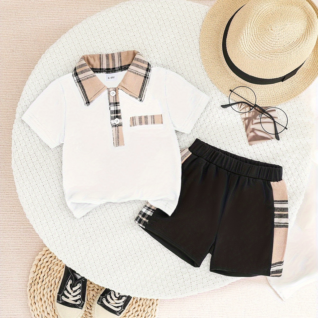 

2pcs Toddler Boys Casual Short Sleeve Summer Set, Plaid Pattern Stitching Golf Shirt & Shorts, Baby Boy's Clothes