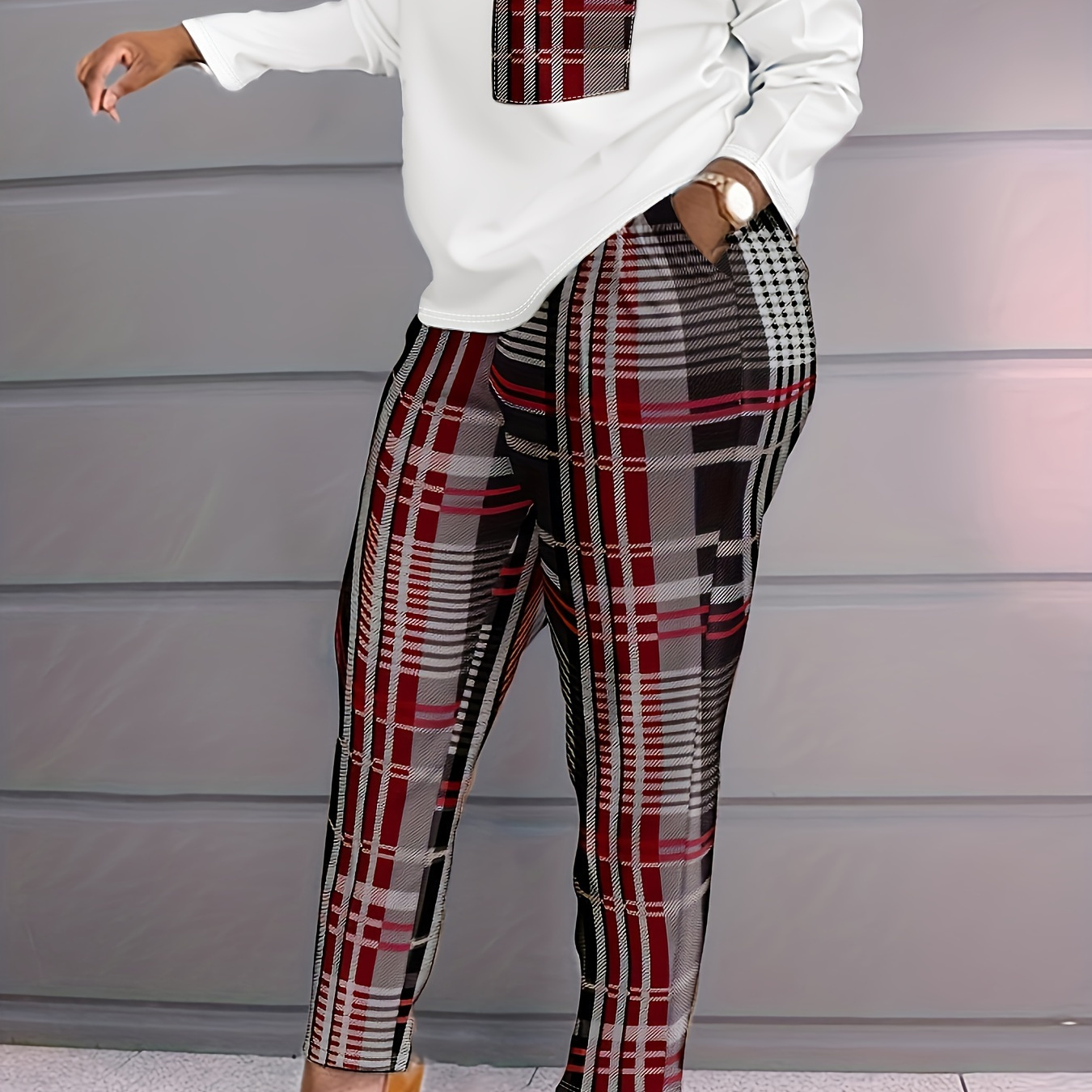 

Plus Size Casual Outfits Set, Women's Plus Plaid Print Long Sleeve Round Neck Top & Pocketed Pants Outfits 2 Piece Set