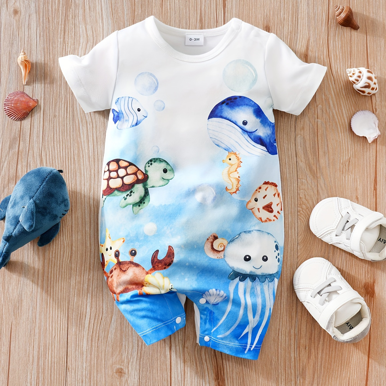 

Baby Girls Boys Summer Cute Ocean Animals Short Sleeve Baby Romper, Casual Style, Breathable, Snap Closure, Comfortable Onesie For Infants