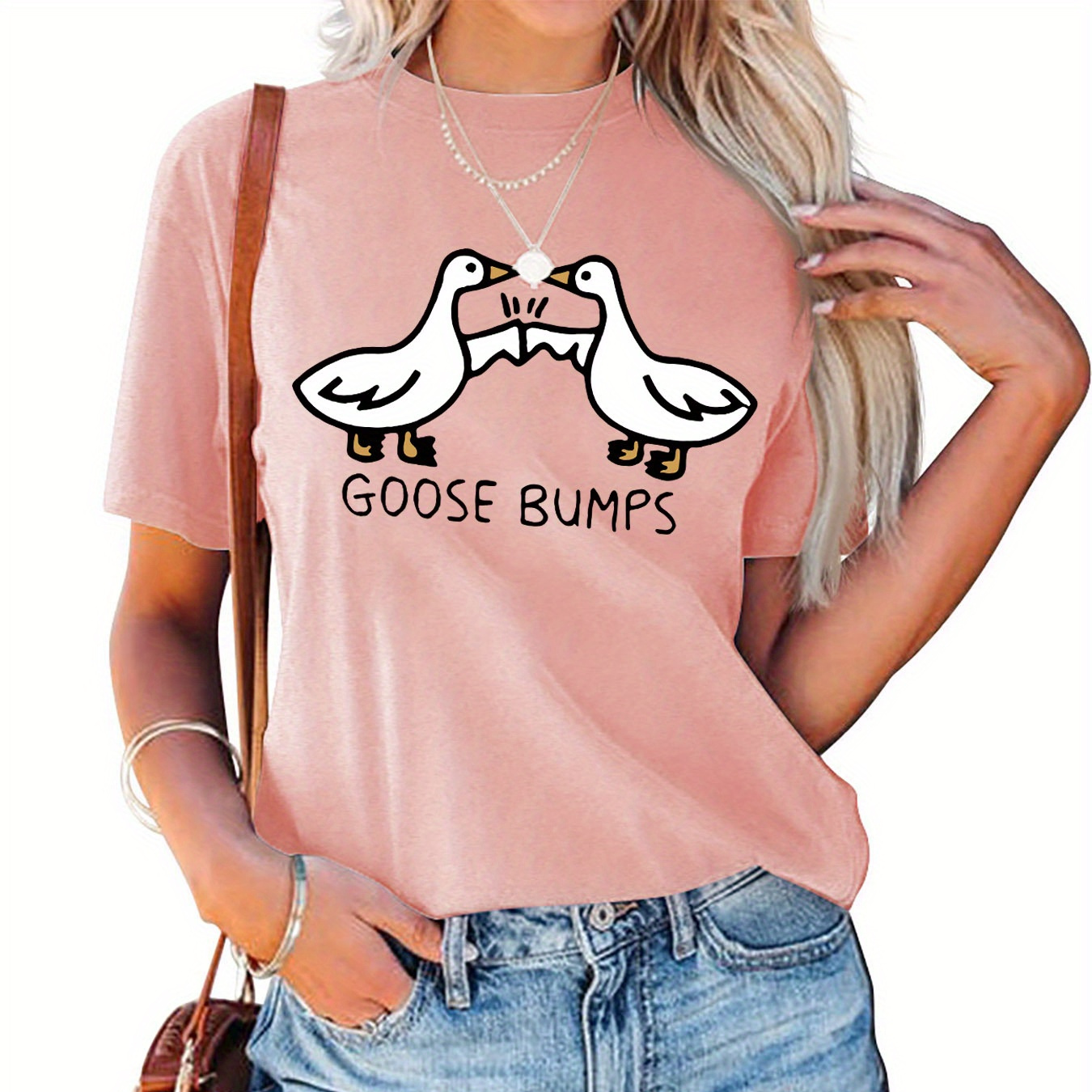 

Goose Bumps Print T-shirt, Short Sleeve Crew Neck Casual Top For Summer & Spring, Women's Clothing