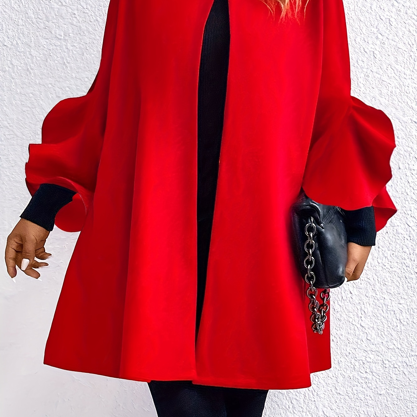

Plus Size Solid Button Detail Ruffle Trim Overcoat, Elegant 3/4 Sleeve Loose Coat For Fall & Winter, Women's Plus Size Clothing