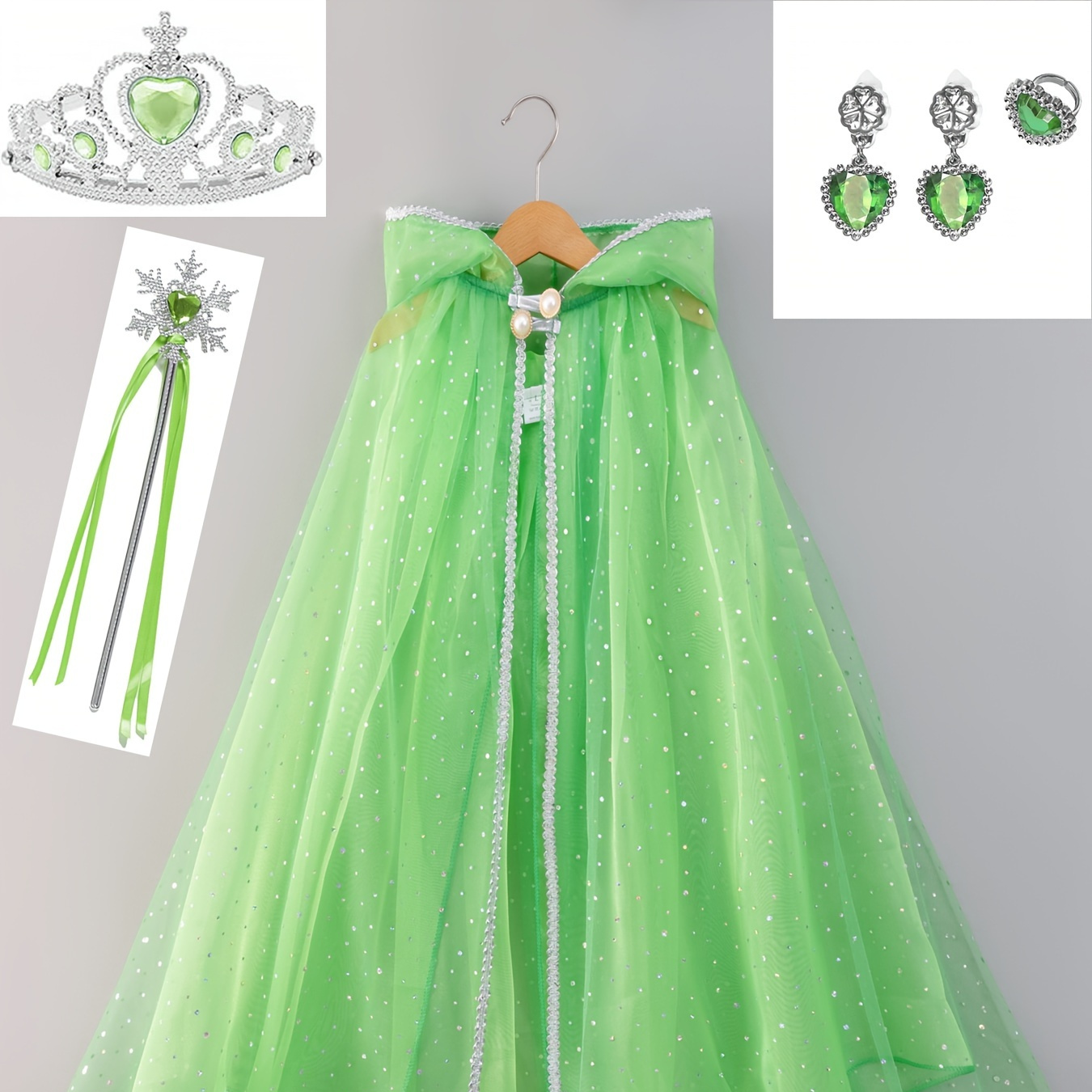 

Girls Stylish Princess Dress Up Outfit, Green Hooded Mesh Cloak & Accessories For Performance