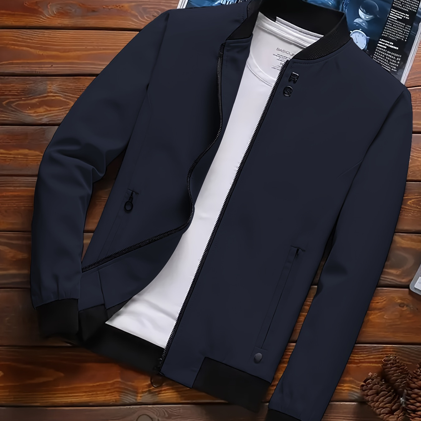 

Men's Casual Softshell Jacket - 100% Polyester Stand Collar, Non-stretch Solid Color Lightweight Jacket With Pocket For Spring/fall, Regular Fit Woven Tops For Weekend Casual - Applicable For Men