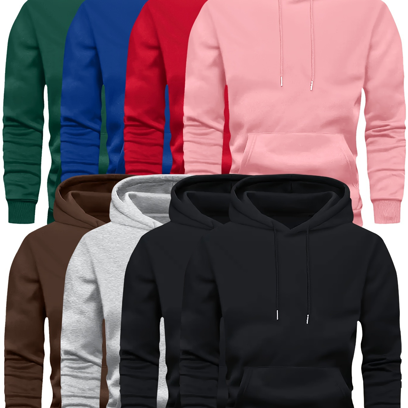 

8pcs Set Of Solid Color Hooded Sweatshirts With Kangaroo Pocket For Men, Casual Fleece Hoodies For Spring And Fall