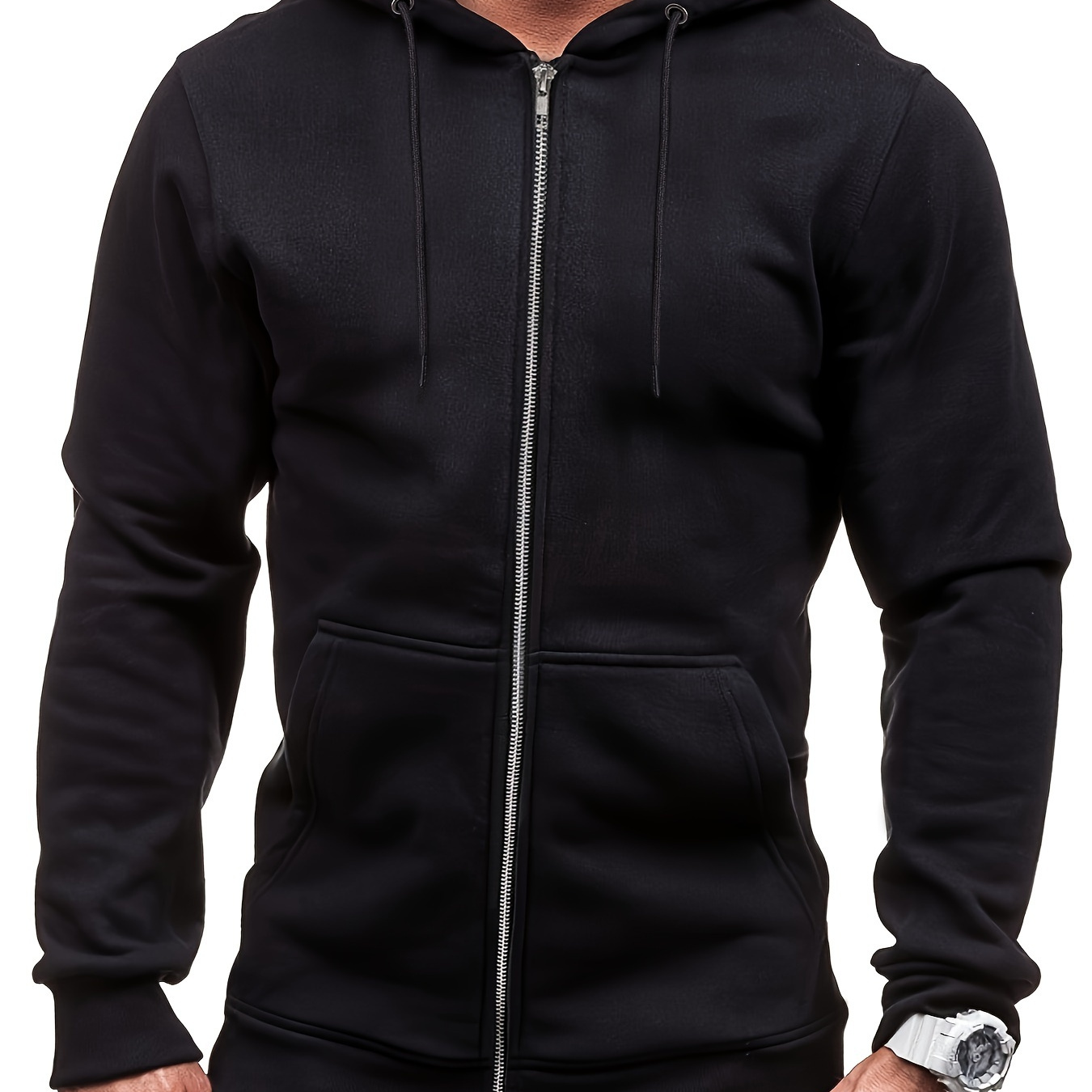 

Men's Casual Fleece Hoodie, 100% Polyester, Full Zip, Regular Fit, Solid Color, Stretch Knit Fabric, 240g/m², Fall/winter Sportswear