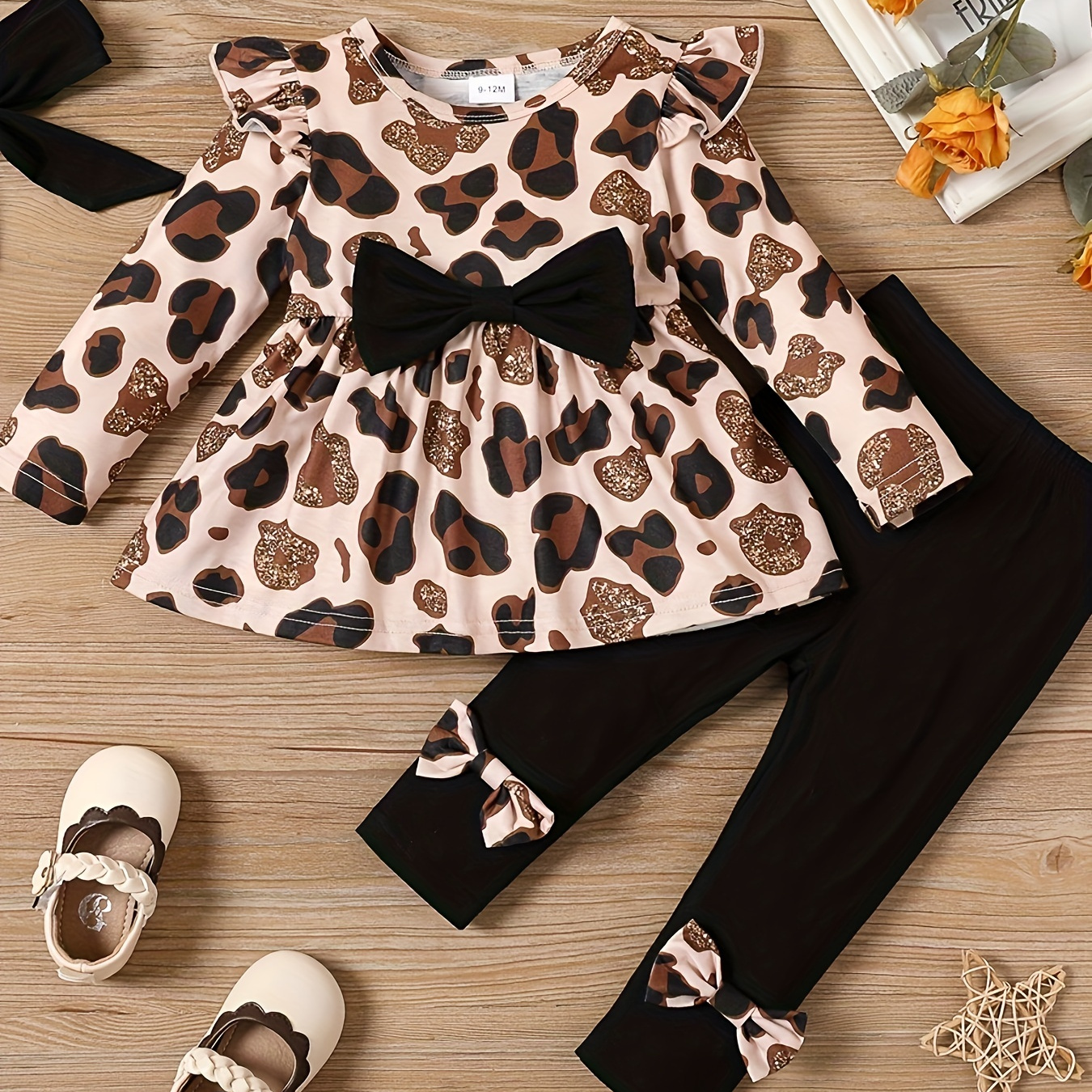 

3pcs Baby Girls Stylish Outfit - Leopard Print Flying Sleeve Top + Bow Elastic Pants Set With Headband